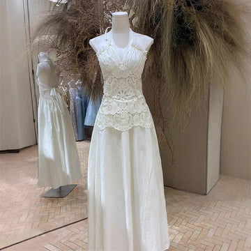 Xajzpa Fashion Women Dress Sleeveless V Neck Lace Neck Hanging White Elegant Female Party Dresses New Tide